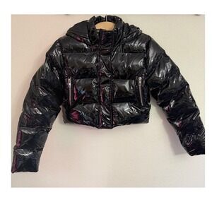 Boohoo Petite Black High Shine Cropped Puffer Jacket Hooded Vinyl Coat US 4
